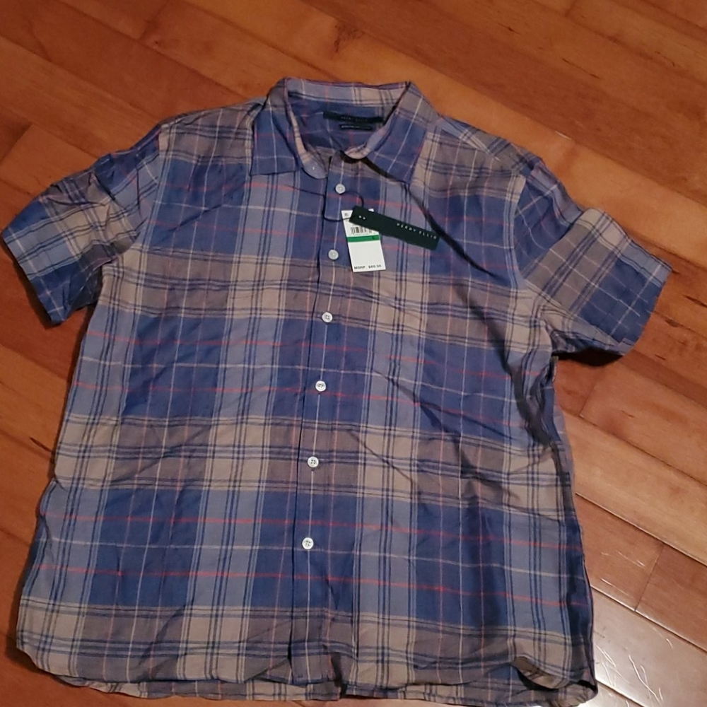 Short sleeve button down blue red brown